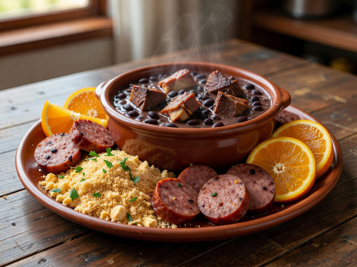 Delicious Brazilian feijoada platter with black bean stew, sausage, farofa, and orange slices