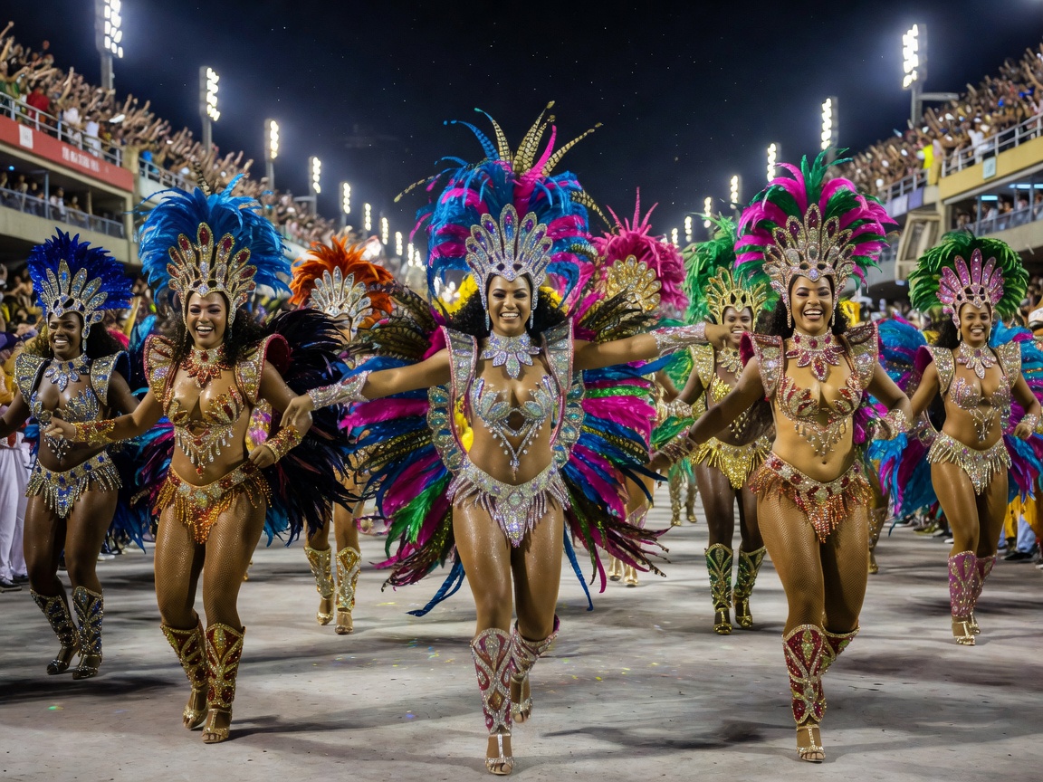 Sambadrome Carnival parade dancers in elaborate glittering costumes under bright stadium lights