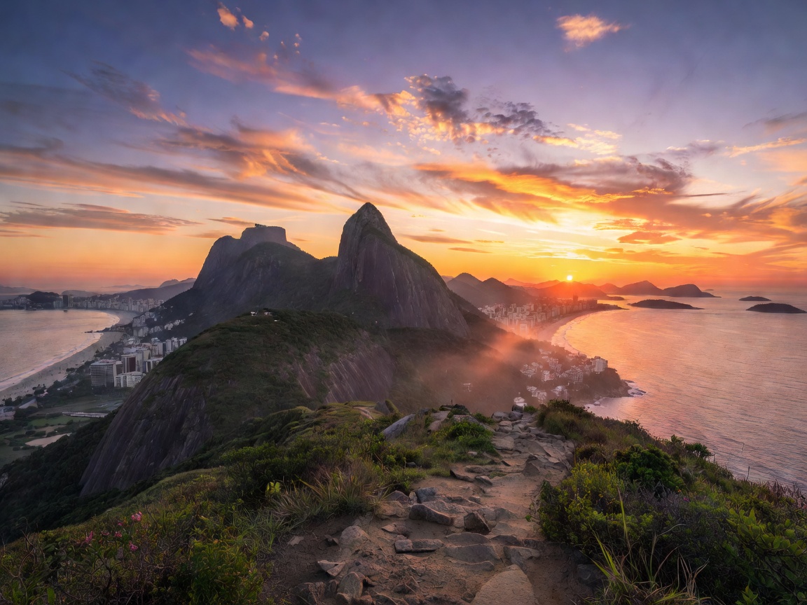 Spectacular sunrise trail overlook from Morro Dois Irmãos showing Rio de Janeiro coastline