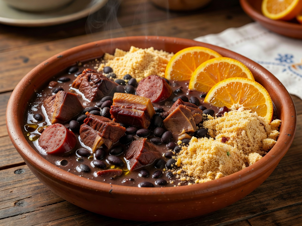 Traditional Brazilian feijoada stew with pork, black beans, farofa and sliced oranges