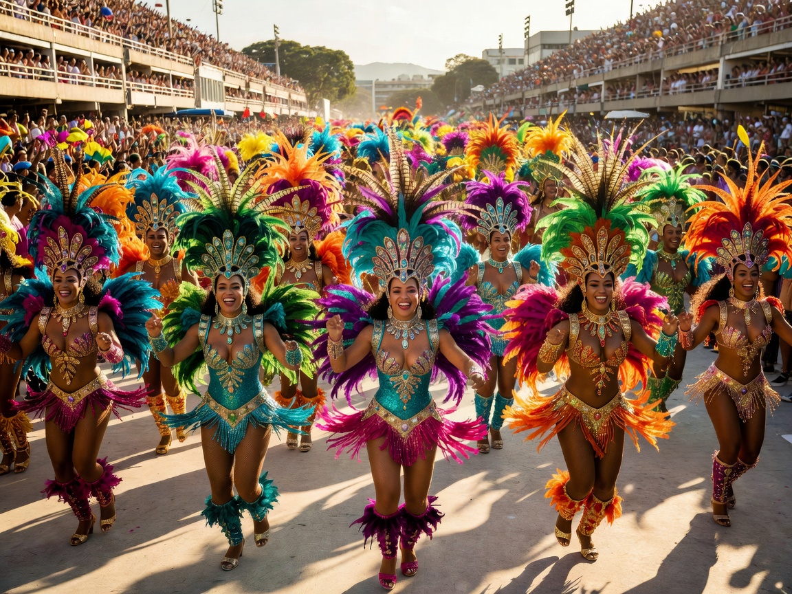 Vibrant Rio de Janeiro Carnival dancers in colorful feathered costumes at the Sambadrome